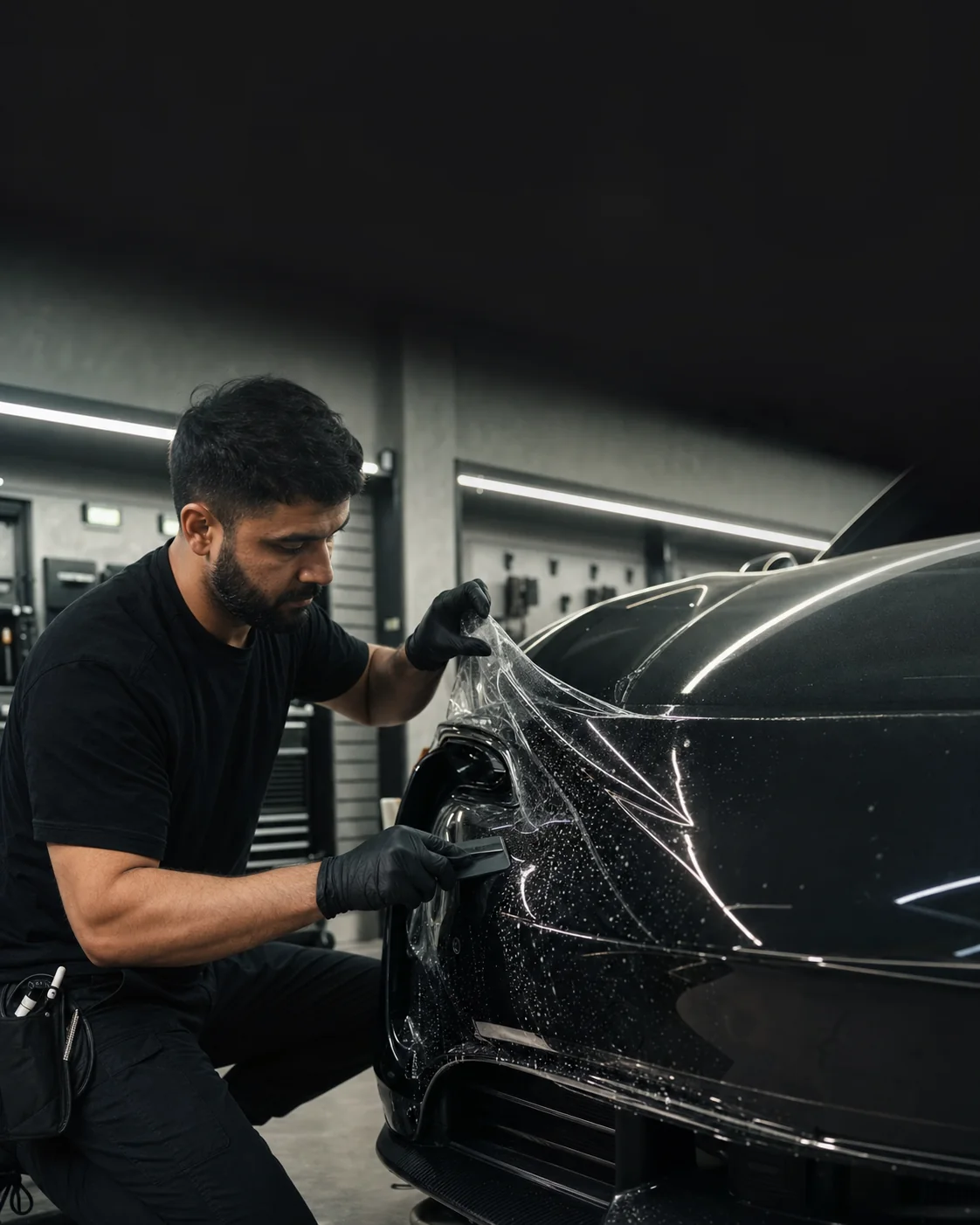 A technician applying paint-protection film to a car
