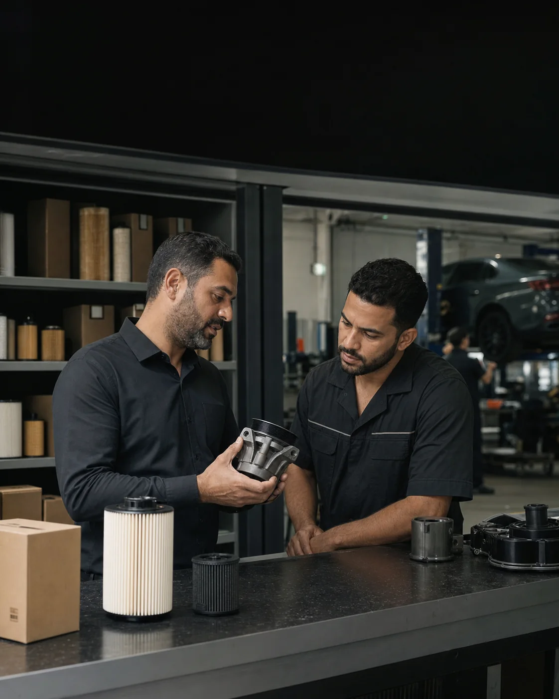 An automotive parts specialist reviewing a component with a technician