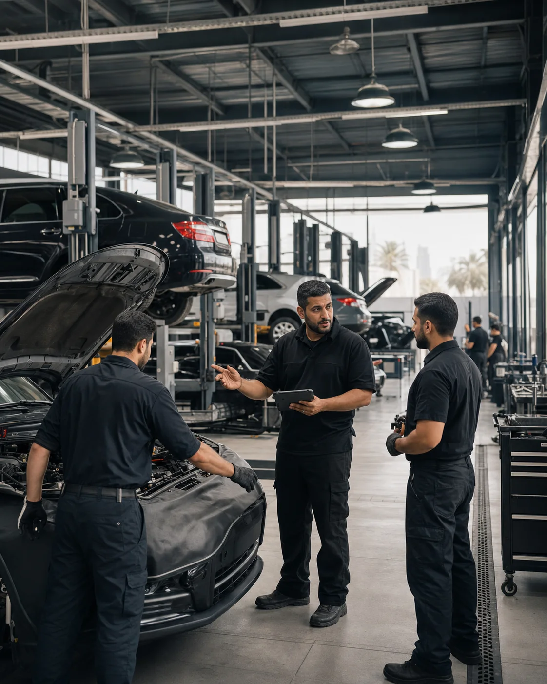 A workshop supervisor coordinating technicians across a multi-bay service centre