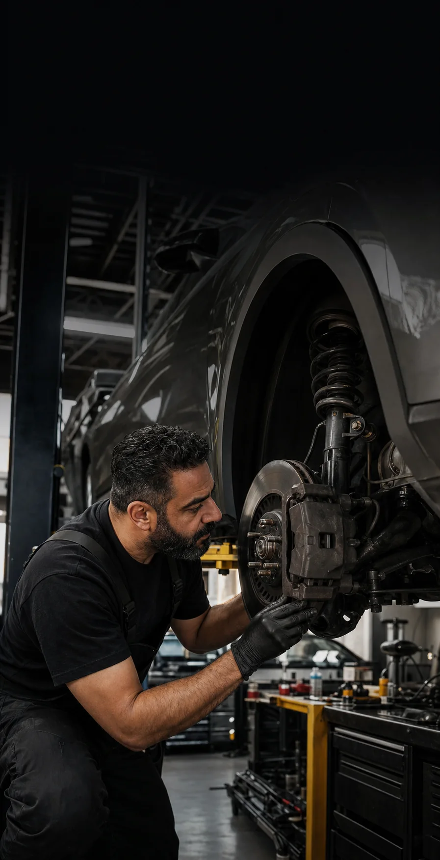 A specialist technician inspecting a performance car suspension