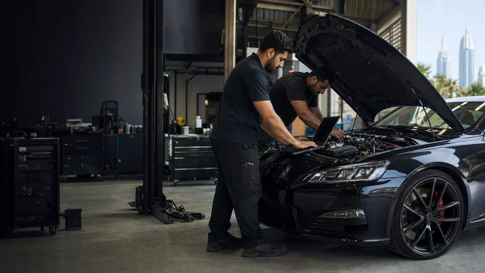 Two specialist technicians diagnosing a performance car in a Dubai workshop