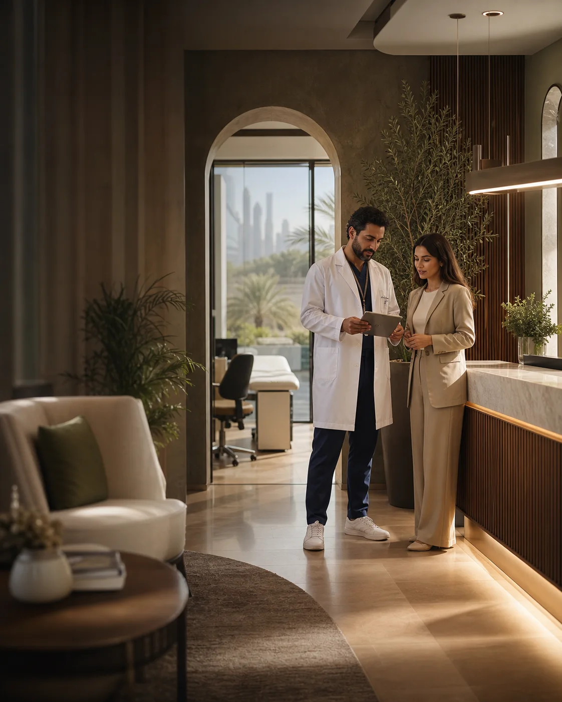 A doctor and clinic coordinator reviewing work in a modern clinic