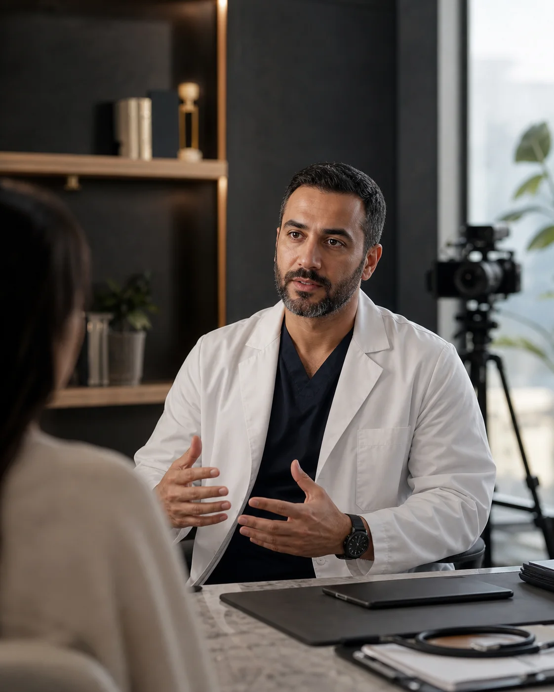 A doctor speaking with a patient in a modern consultation room