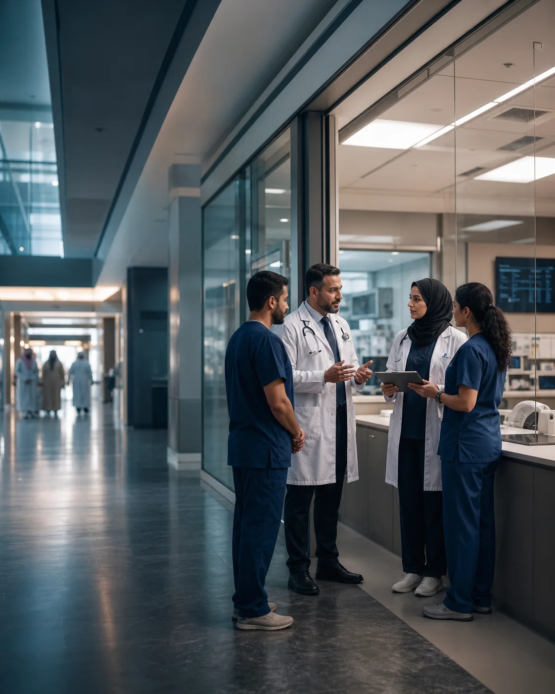 A hospital team collaborating in a modern clinical corridor