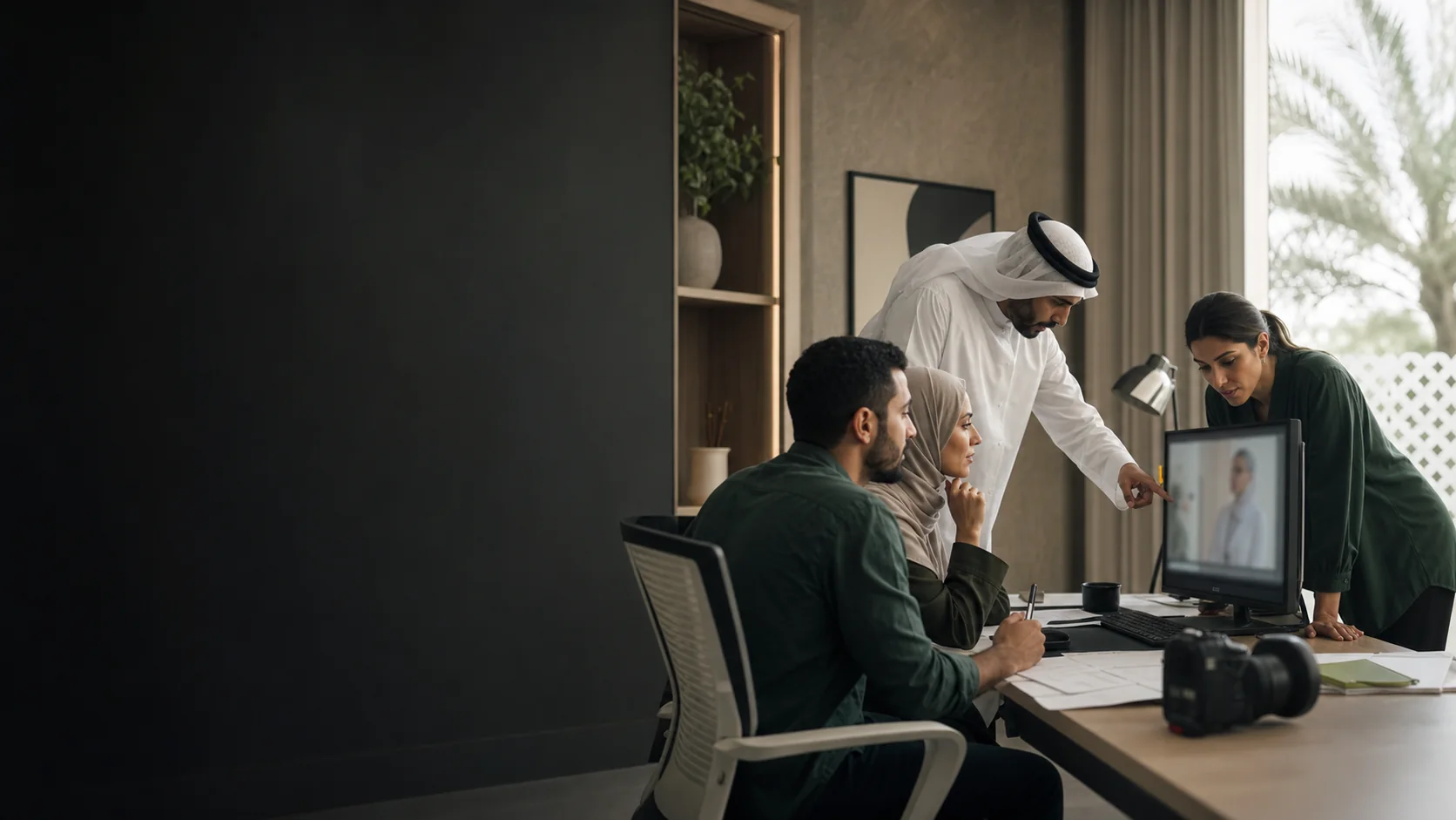 A bilingual healthcare content team reviewing a video production in the UAE