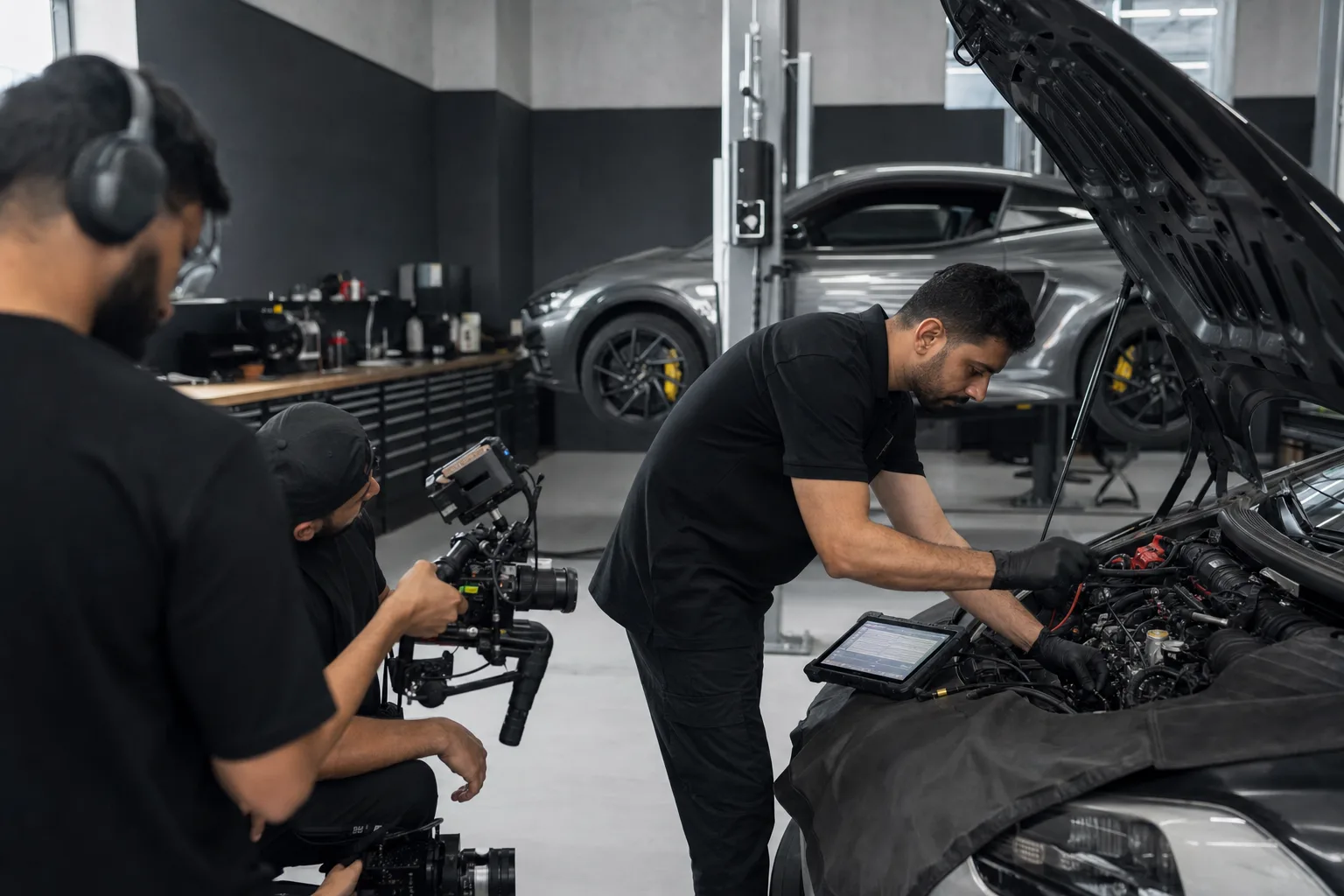 A workshop technician being filmed during a diagnostic job