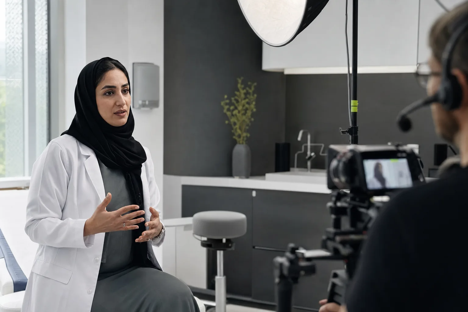 A doctor being filmed inside a modern clinic